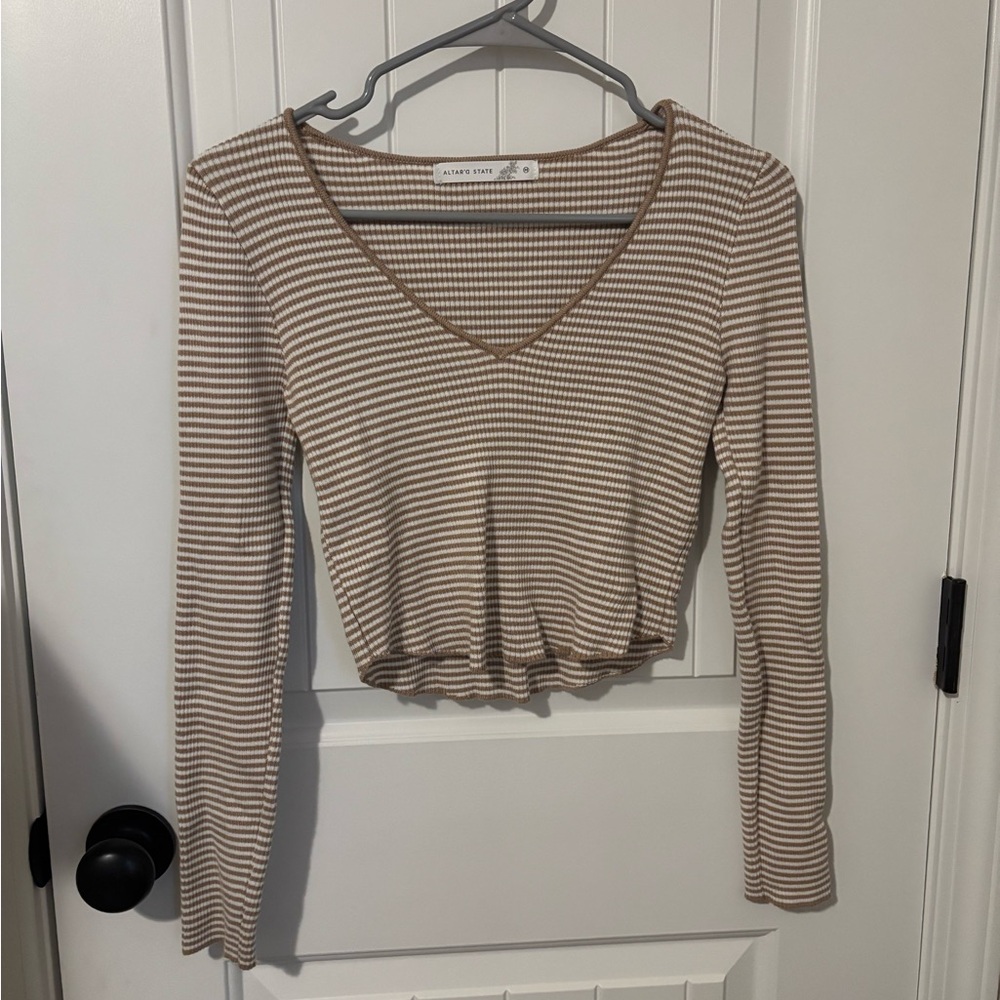 Altar'd State Beige and White Striped V-Neck cropped shirt